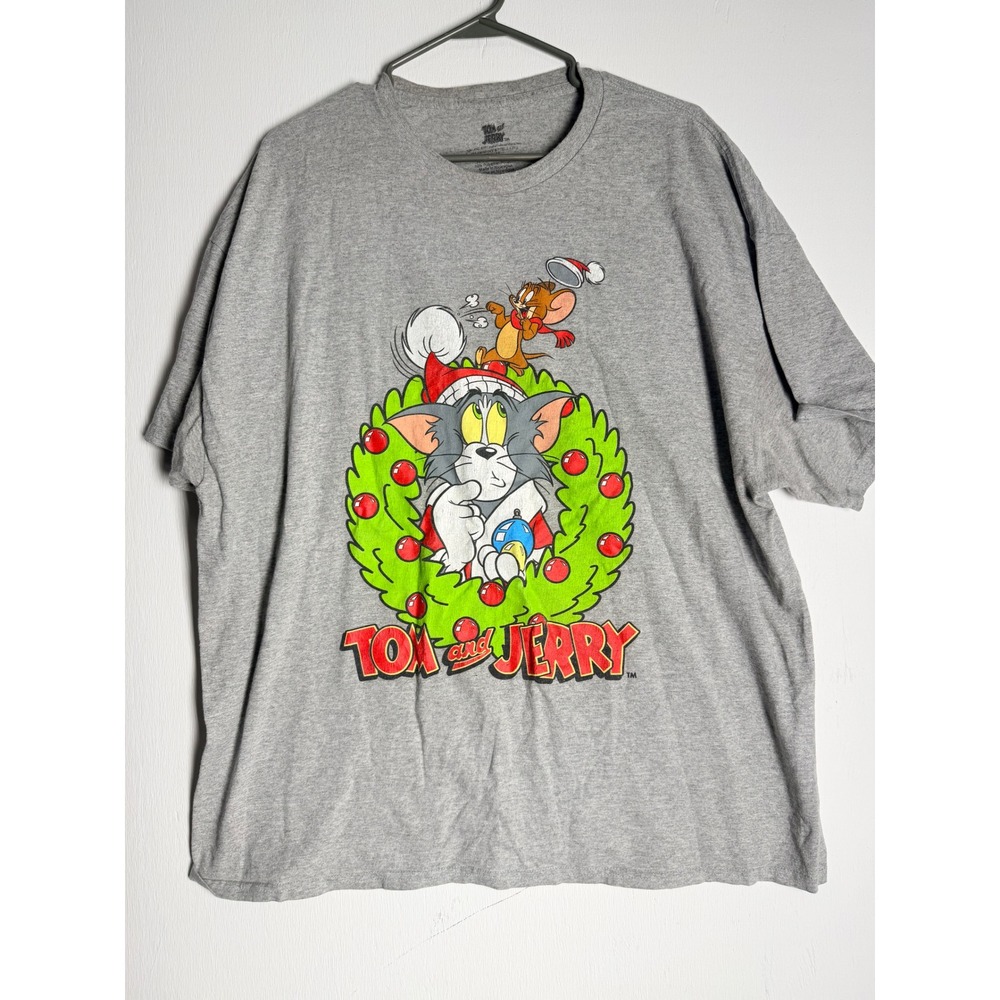 Tom and Jerry Christmas Wreath Graphic T-Shirt Mens XXL Gray Holiday Tee